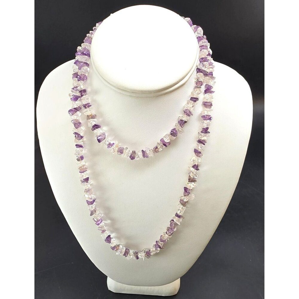 Amethyst & Clear Quartz Chip Bead Necklace Double Strand 24" HS188